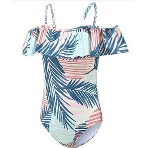 Moon Tree Girls One Piece Swimsuits Hawaiian Ruffle Fluorescent Green Beach Bath